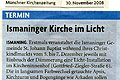 Münchner Kirchenzeitung 30.11.08, Kirche im Licht, ecclesia et lumine, klesius, aurum, sonnenkraft freising, easy energy, ismaning, ismaning leuchtet, risinger, obermayr,  pfarrgemeinderat, st johann baptist, christkindlmarkt, weihnachtmarkt,lichtkunst, ecclesia in lumine